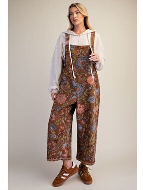 "The Viola" Brown Floral Vintage Washed Oversized Cropped Overalls/Jumpsuit